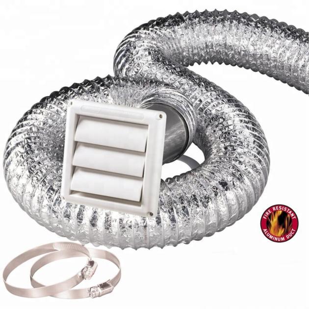 Flexible Hose Kit 4'' 8 Ft Aluminum Duct,Vent Cover, Wall Pipe, Clamps Set