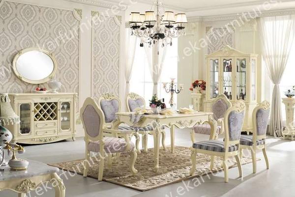 French Style Luxury White Dining Table Carved