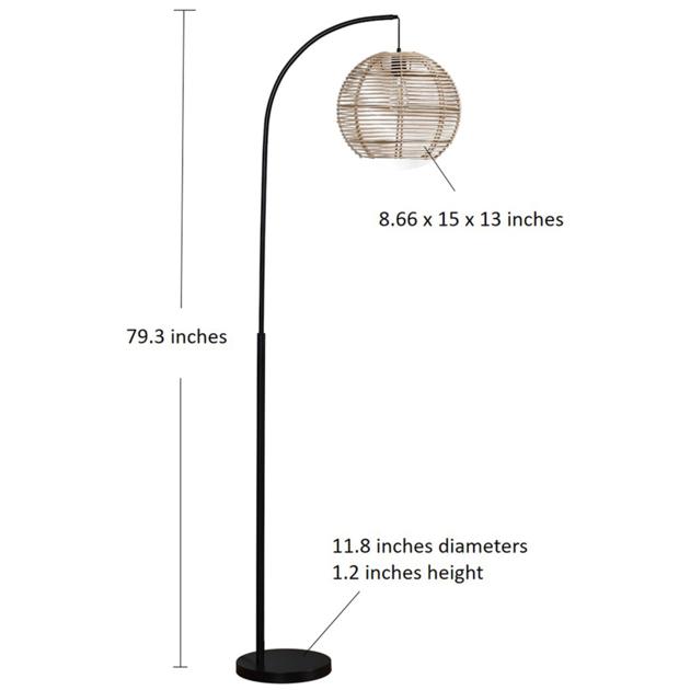 Arc Floor Lamp with Rattan Globe Shade,Tall Standing Floor Lamp for Living Room, Study, Antiqu e Bra
