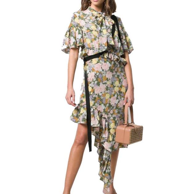 Ruffle Sleeve Asymmetrical Hem Flounce Floral Printed Midi Shirt Dress with Button