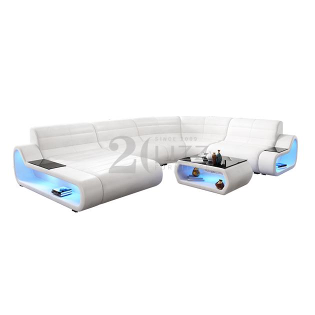 Modern Lounges Living Room Sofa Set White Leather Couch Round Corner Sectional Smart LED Sofa