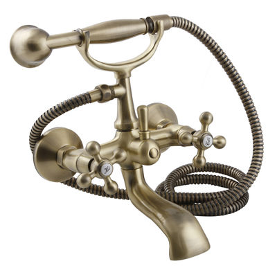 Brass Faucet Double Handles Hot/Cold Water Wall-Mounted Bathtub Mixer With Handshower And Hose
