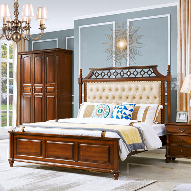 Solid Wood Bed Frame Easy Assembly Wooden Bedroom Furniture Bed with Vintage Headboard 