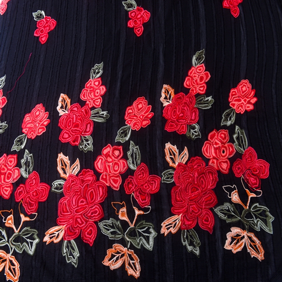 chinese red rose velvet satin embroidery lace fabric for wedding dress
