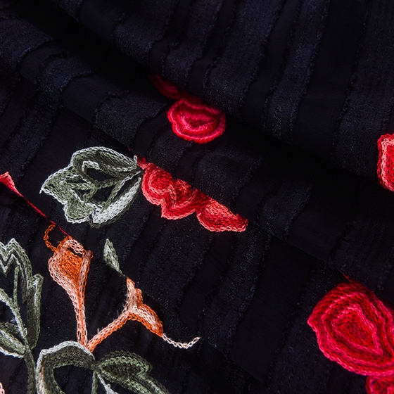 Chinese Red Rose Velvet Satin Embroidery