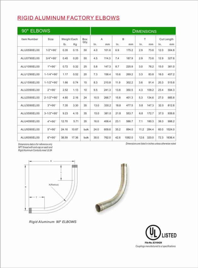 Ul Listed 90 Degree Aluminum Elbow