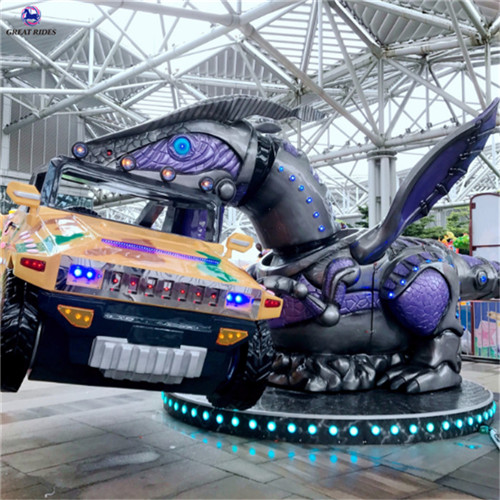 Fairground rides family games crazy mechanical dinosaur flying car 
