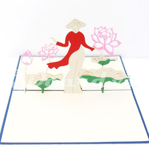 Girl and Lotus 3d card-pop up card-birthday card-greeting card