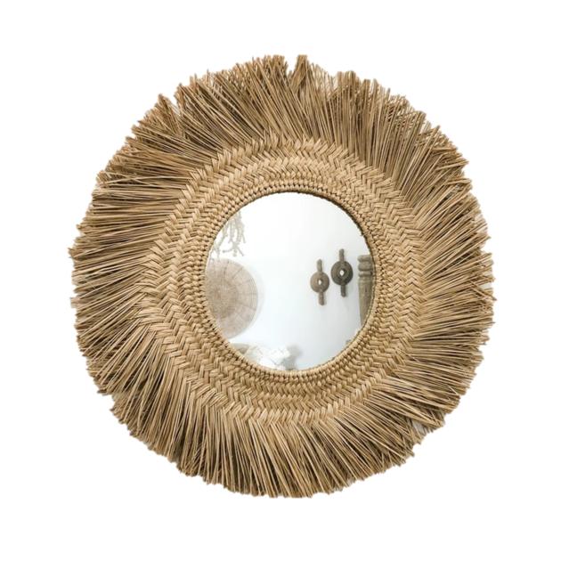 Wild Style Circle Portable Cane Handmade Seagrass Wall Mirror Home Decoration 