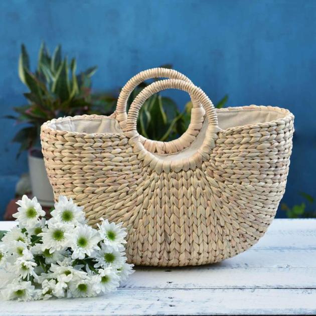 Simple Design Compact Water Hyacinth Vietnam Handicraft Women Tote Collapsible Bag Girl Purse 