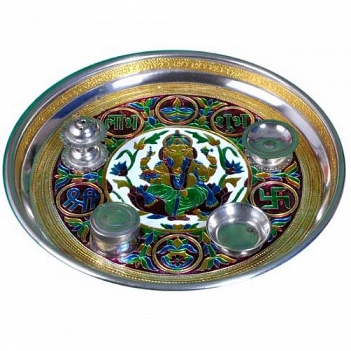 Ganesh Design Meenakari  Steel Pooja Dish