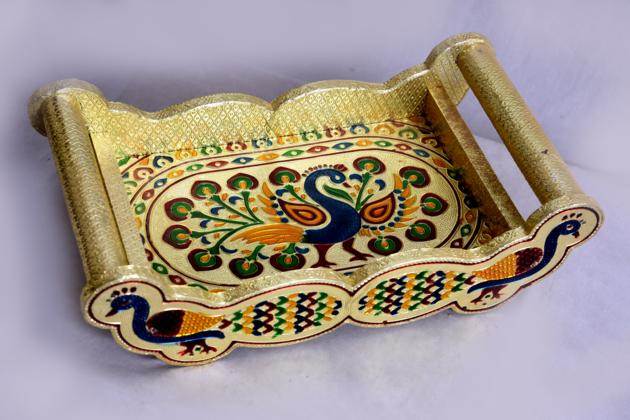 Peacock  Design Golden Meenakari Tray