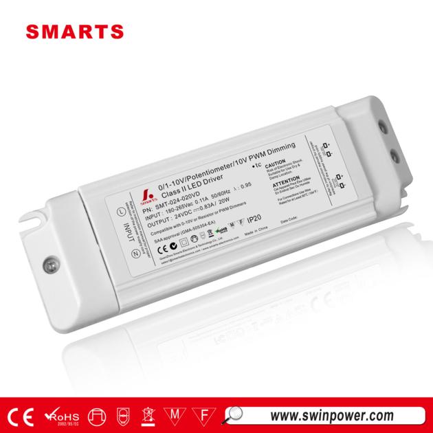 Class II power supply 24v 20w 0-10v dimmable led driver for SAA C-TICK CE ROHS certificate