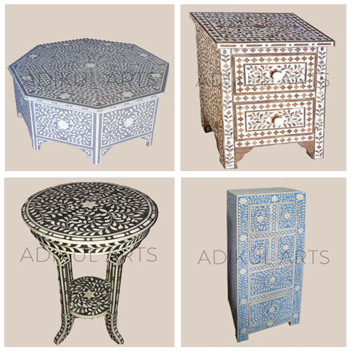 Indian Wooden Bone Inlay Stone Furniture