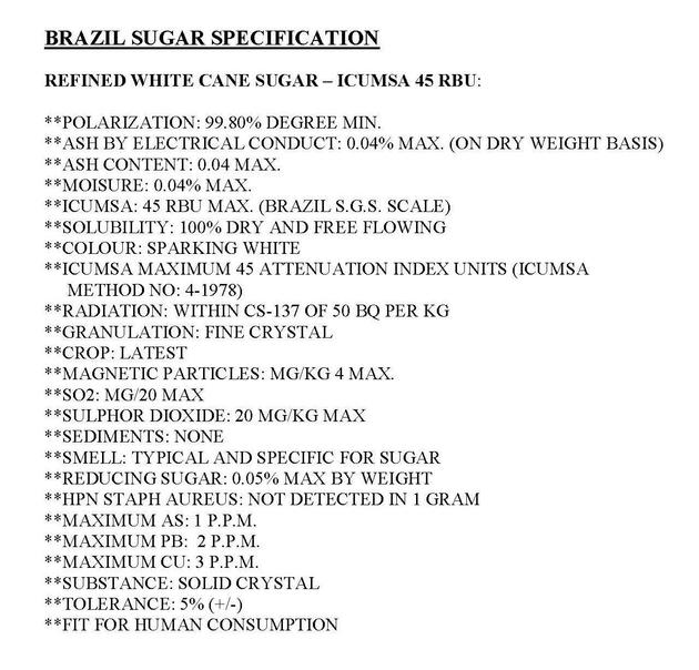 Refined White Cane Sugar ICUMSA 45