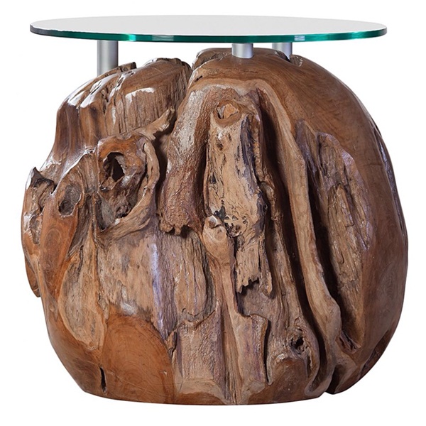 teak ball coffee table w/ glass