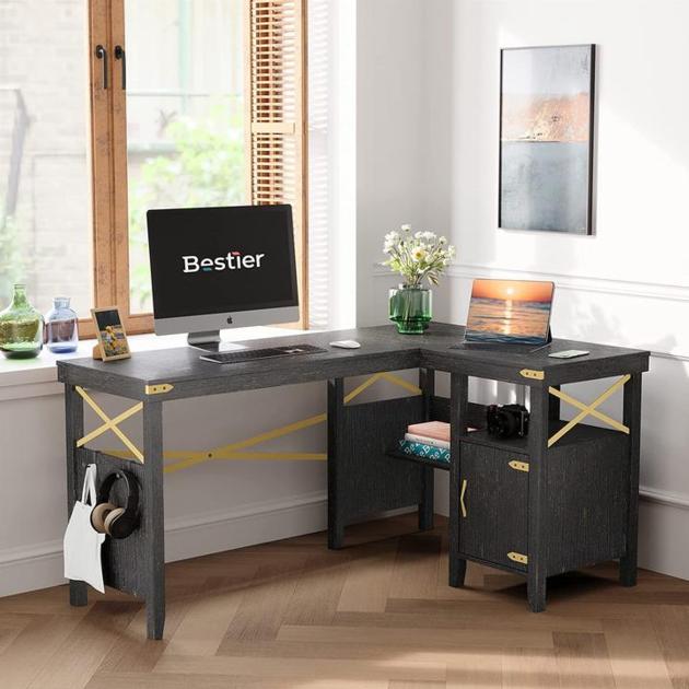 L-Shaped Computer Desk with Storage Cabinet and Bookshelf