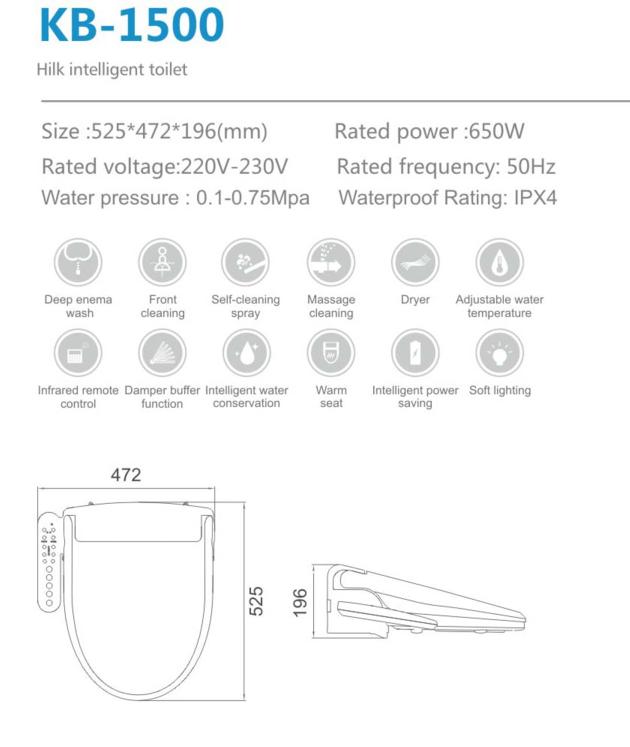 KB1500 Elongated Toilet Electronic Bidet Seat