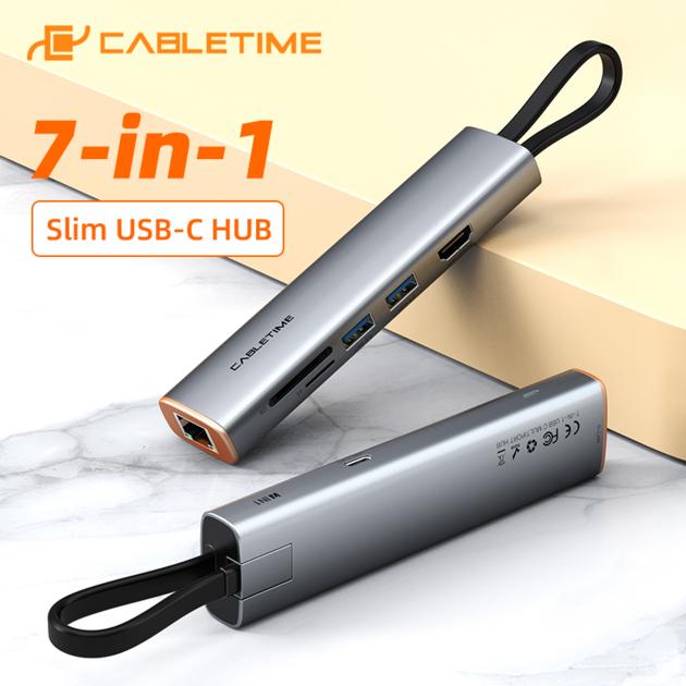 CABLETIME 7 in 1 Slim USB HUB Type C to 4K HDMI RJ45 1000Mbps PD 100W OTG SD TF Card Reader for PC M