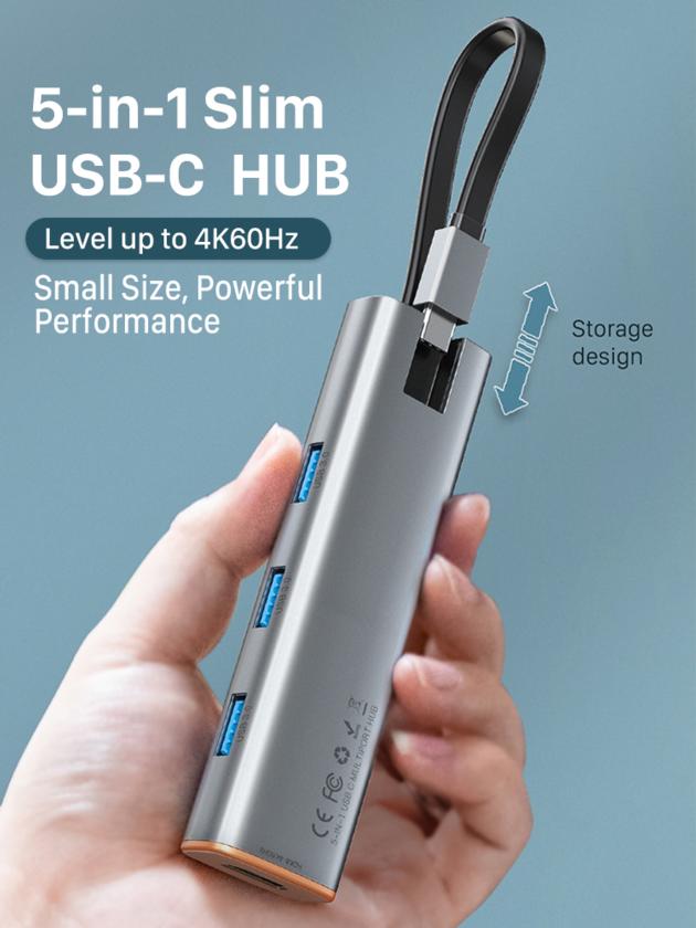 CABLETIME Slim 5 in 1 USB C HUB to HDMI-compatible 4K 60Hz PD 100W USB 3.0 5Gbps for MacBook Pro Lap