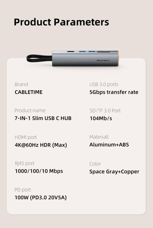 CABLETIME 7 In 1 Slim USB