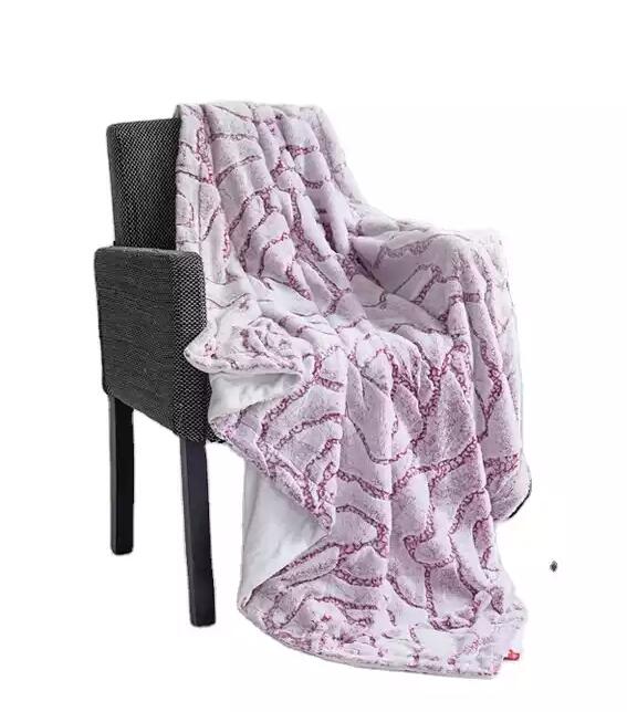 DONGFANG pink long pile printed double ply faux rabbit fur throw blankets with cutting