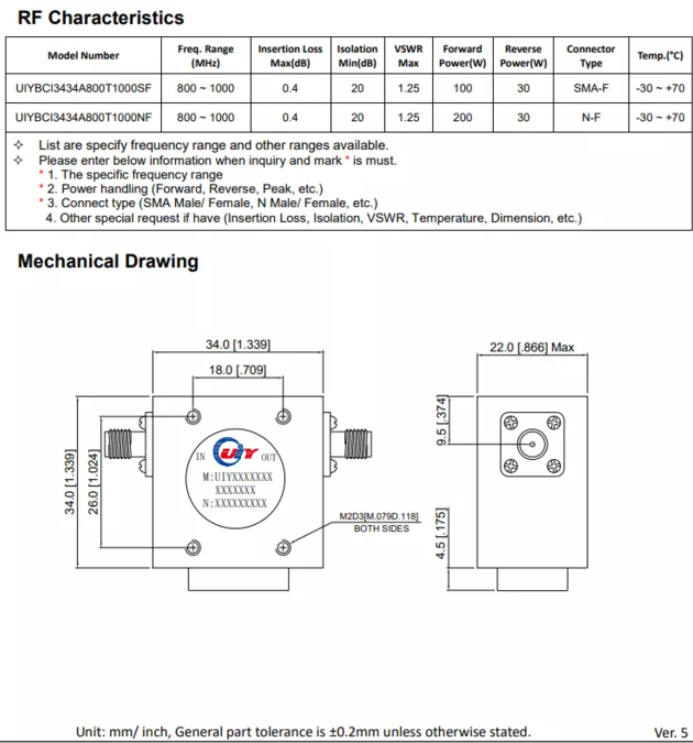 RF Microwave Broadband Coaxial Isolator Low