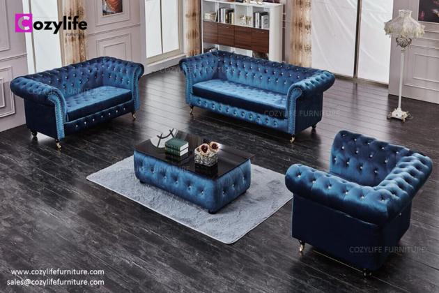 UK hot sale blue velvet chesterfield sofa 