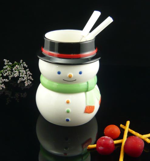 Ceramic dolomite snowman fondue with fork