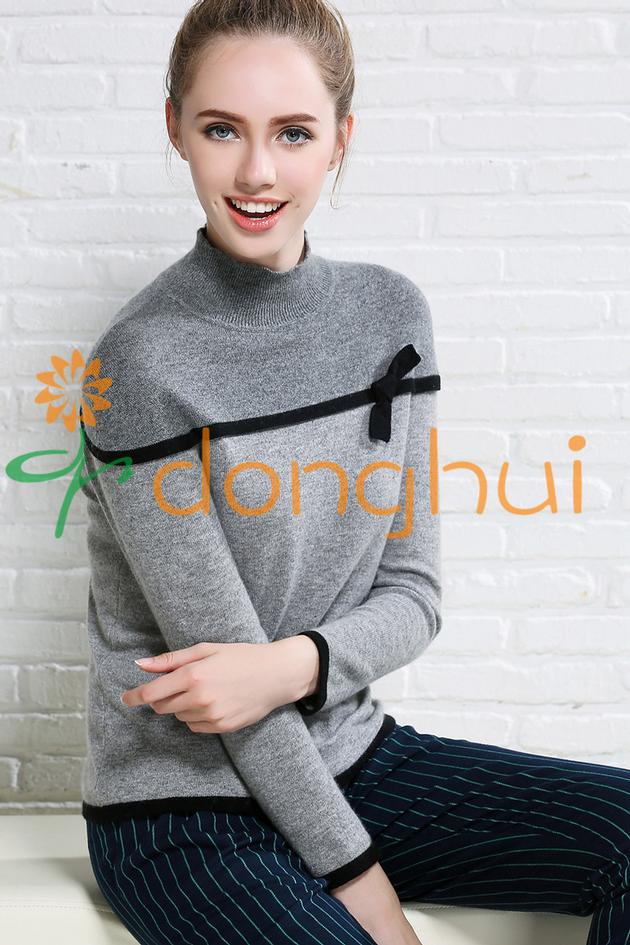 High quality good hand feel ladies high neck cashmere sweater with bowknot
