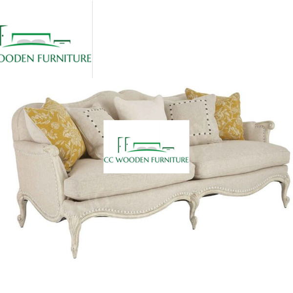 French retro Mediterranean style solid wood sofa three-seat reclining sofa