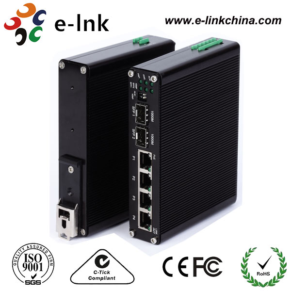 Industrial 4-port 10/100/1000BASE-T + 2-port SFP Ethernet media Converter with PoE+