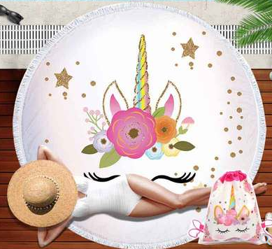 Cartoon Unicorn 150cm Round Beach Towel Wall Tapestry Picnic Blanket