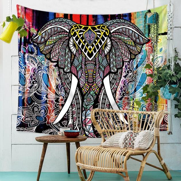 Elephant Tapestry Colored Printed Decorative Mandala
