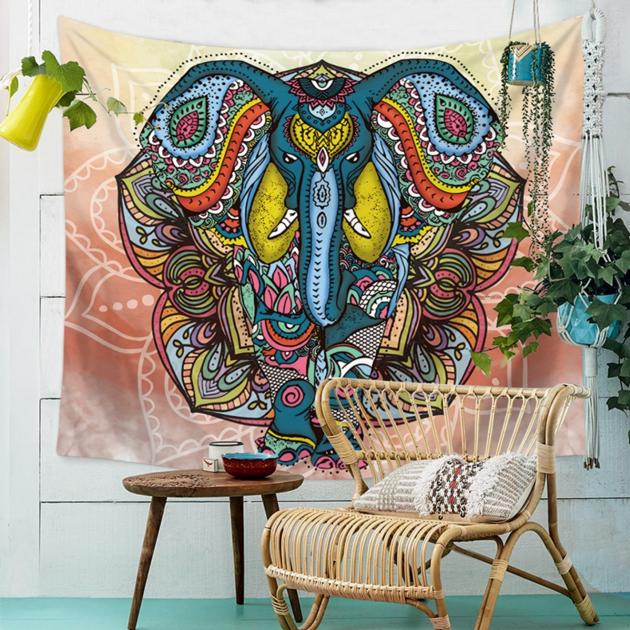 Elephant Tapestry Colored Printed Decorative Mandala