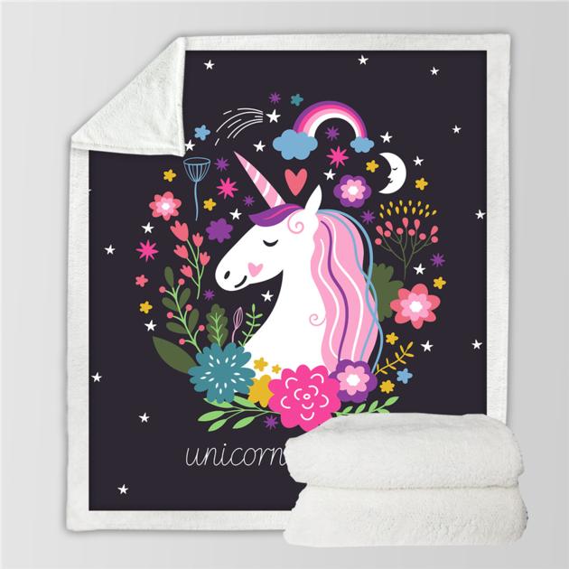 Cartoon Unicorn Velvet Plush Throw Blanket Floral Printed Sherpa Blanket  Unit Price $10.64