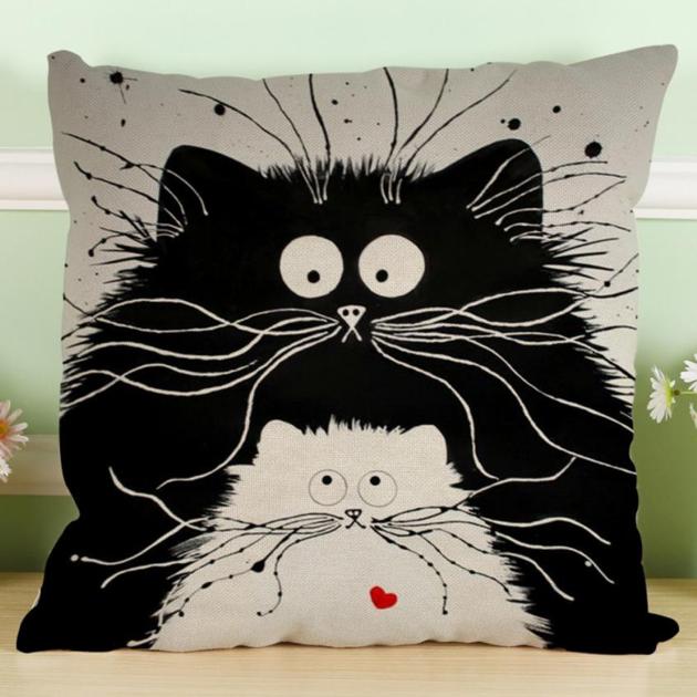  white and black Cat Cotton Cushion cover  Home Car Décor