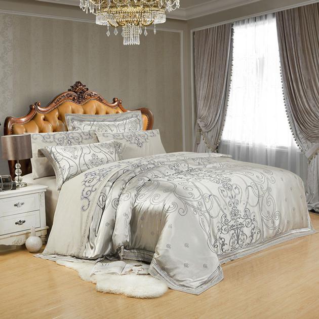 Sliver Gold Luxury Silk Satin Jacquard duvet cover bedding set Embroidery bed sheet set