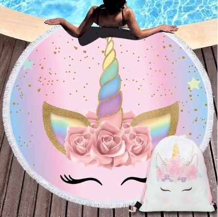 Cartoon Unicorn 150cm Round Beach Towel