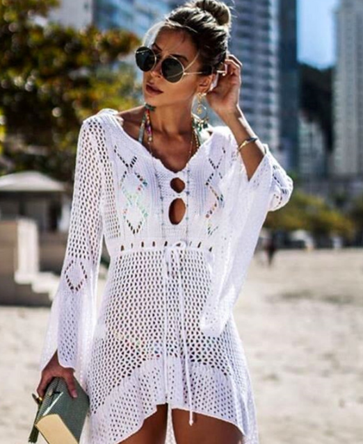 2019 Crochet White Knitted Beach Cover