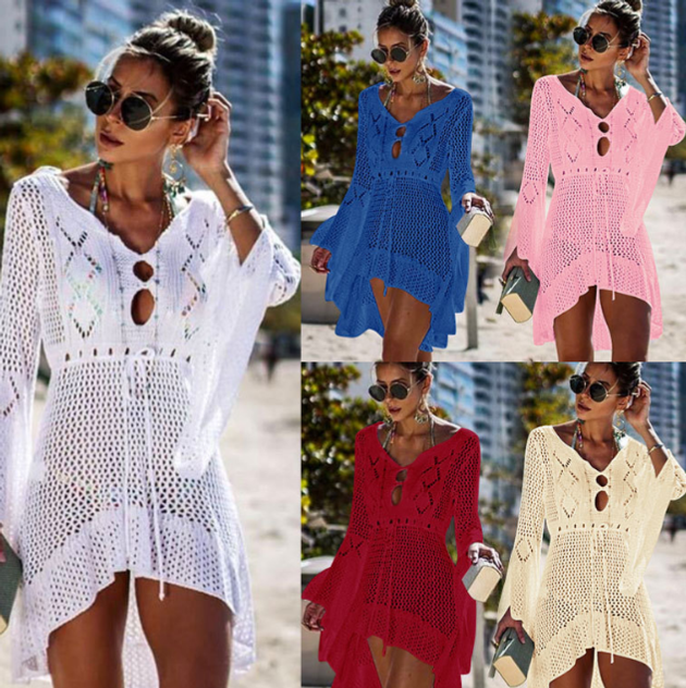 2019 Crochet White Knitted Beach Cover up dress Tunic Long Pareos Bikinis Cover ups Swim Cover up Ro