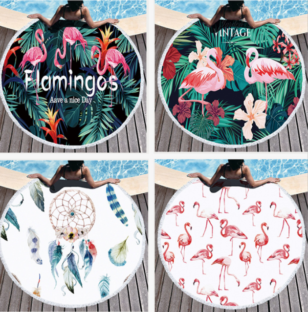 Printed Tropical Leaves Flower Flamingo Round Beach Towel Microfiber Beach Towels Roundie For Adults