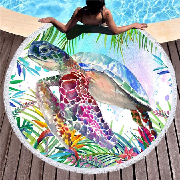 Turtle Round Beach Towel With Tassels Summer Microfiber Swimming Bath Towels