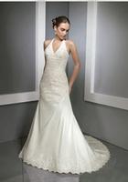 A-line Halter V-neck Court Train Satin Wedding Dress 