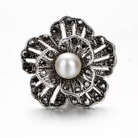 Metal Flower Ring Faux Pearl Antic Silver-wholesale rings