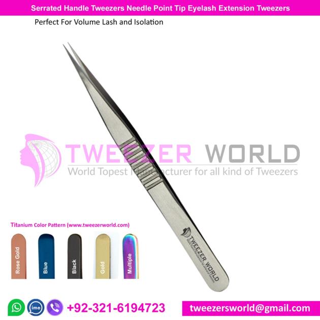 Serrated Handle Tweezers Needle Point Tip Eyelash Extension Tweezers
