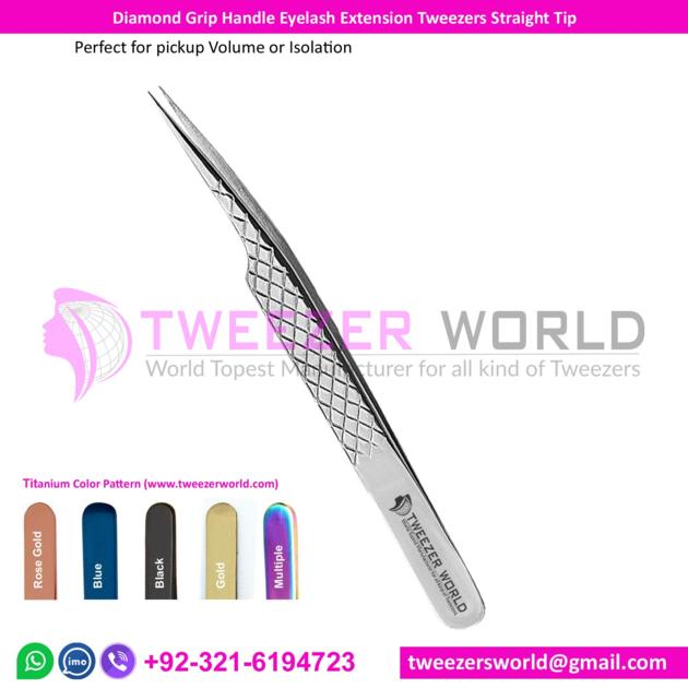 Diamond Grip Handle Eyelash Extension Tweezers Straight Needle Nose Ti