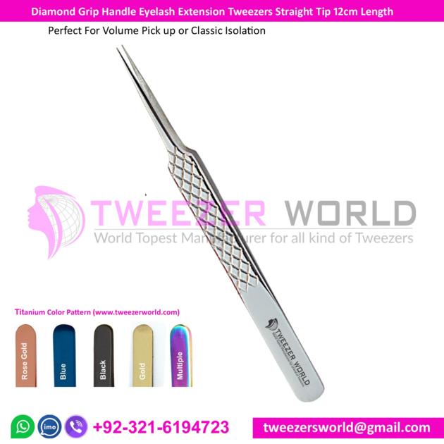  Diamond Grip Handle Eyelash Extension Tweezers Straight Tip