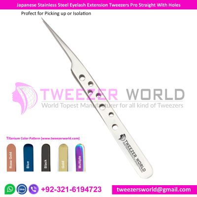 Japanese Stainless Steel Eyelash Extension Tweezers Pro Straight With Holes