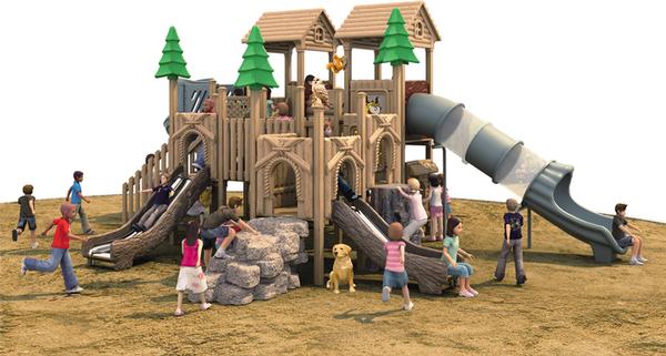kids outdoor wooden fitness equipment with plastic slide